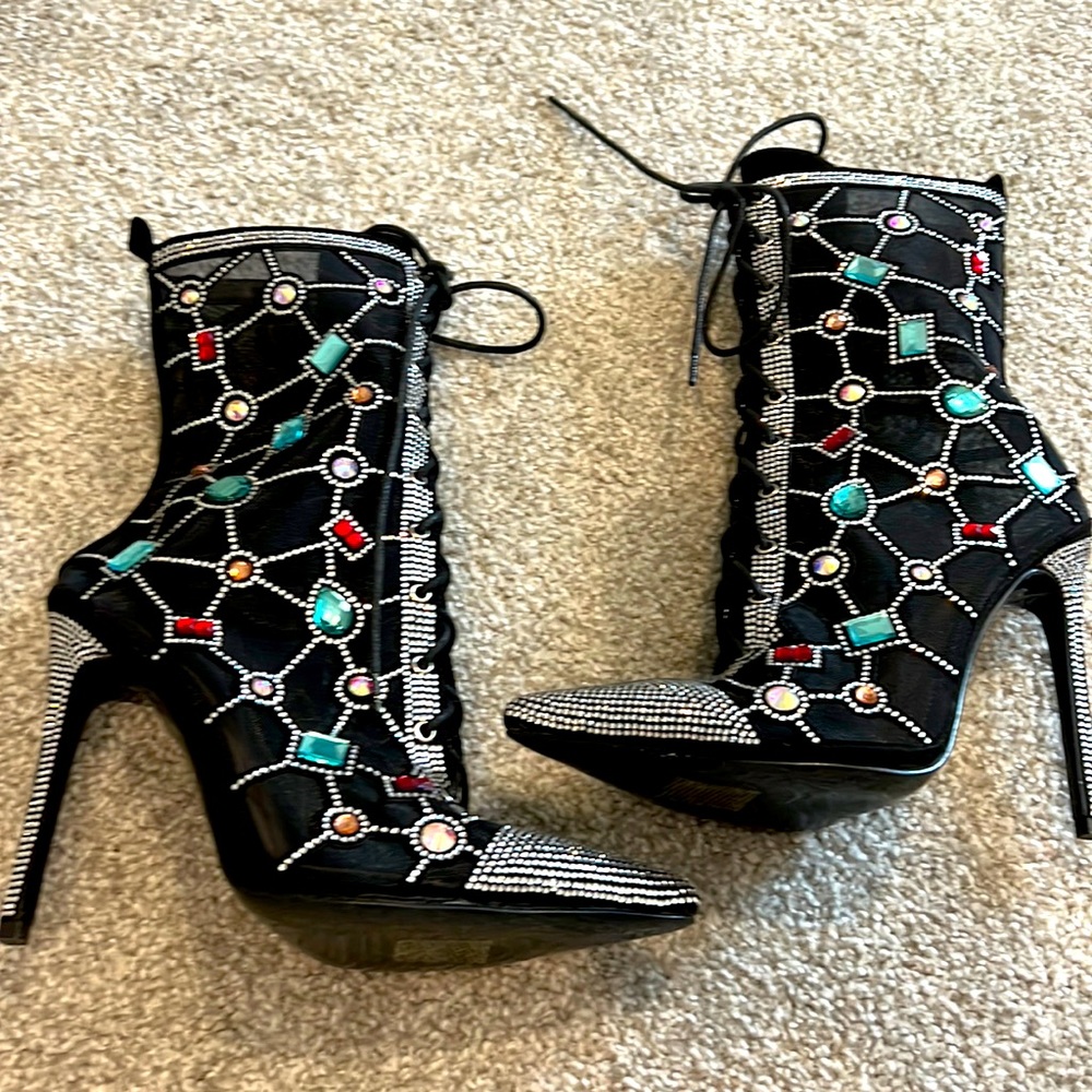 Mesh Rhinestone And Gem Boots Nwot